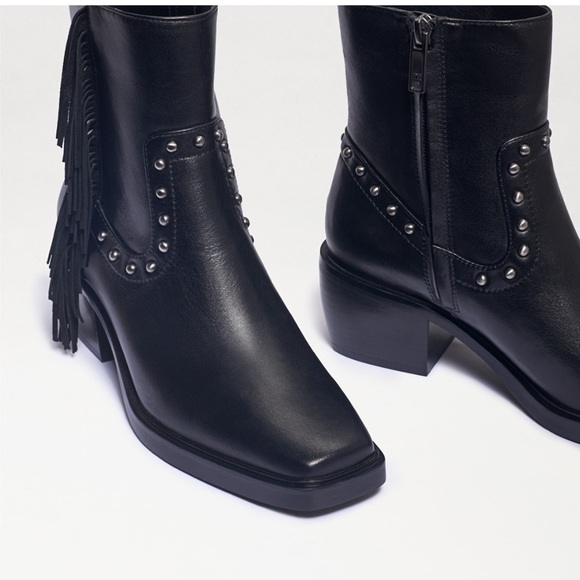 Sam Edelman Bernie black leather fringe studded square front western booties 6 M - Picture 6 of 13